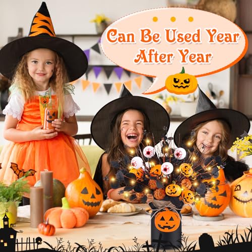 Halloween Decor Set with Artificial Pumpkins, Eyeballs, Eucalyptus Stems & String Lights - Halloween Centerpieces for Indoor Home Party - Variation of Halloween Decor