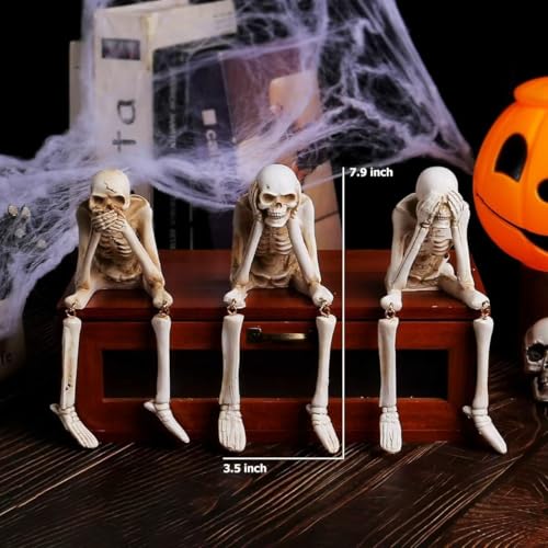 Halloween Skeleton Statues Set of 3 - See Hear Speak No Evil Skull Decor