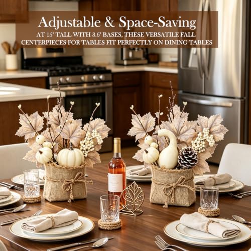 Fall Table Centerpieces with LED Timer - 2 Pack Autumn Decor with Maple Trees, Pumpkins & Berries