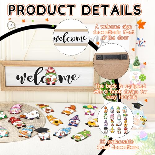 Interchangeable Wooden Seasonal Welcome Sign with Gnome Magnet Icons - Holiday & All Seasons Decor