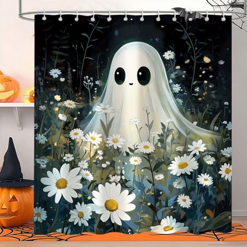 Blue Halloween Shower Curtain with Ghost & Floral Pattern Waterproof Fabric 72x72 Inches with Hooks - Variation of THIS listing