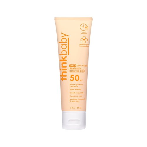 Thinkbaby Baby Sunscreen for Sensitive Skin, 3 Fl Oz, SPF 50 Clear Zinc Oxide Baby Mineral Sunscreen, Broad Spectrum UVA/UVB Protection, Natural, Water Resistant, Reef Safe, Vegan