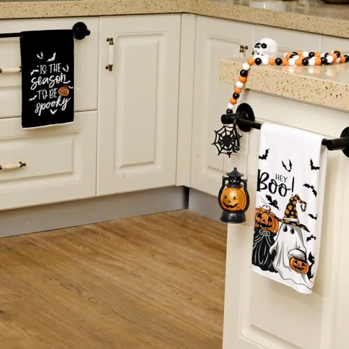 Halloween Kitchen Towels Set of 2 Ghost and Pumpkin Decor - Microfiber Farmhouse Style