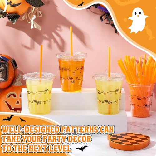 Halloween Plastic Cups with Straws and Lids - 50 Pack, 12oz, Orange, Classic Style