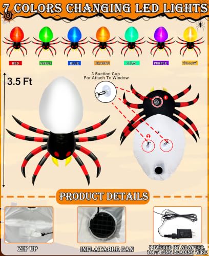 3.5FT Inflatable Halloween Spider Decor with Color Changing LED Lights