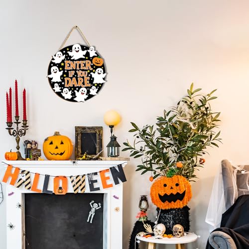 Halloween Wall Decor Sign - Enter If You Dare Wooden Ghost & Pumpkin Set