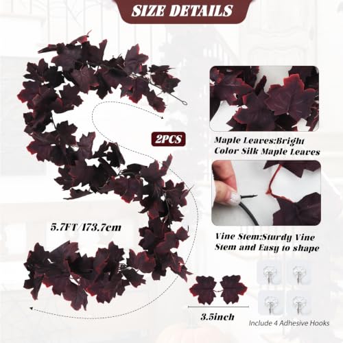 Artificial Autumn Maple Garland - Wine Red Fall Hanging Vine, 2 Pack