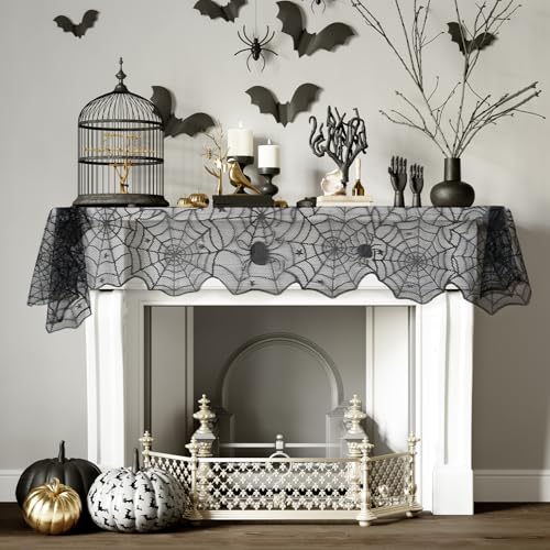 Halloween Lace Spider Web Table Runner Black 18x72 Inches - Spooky Decor
