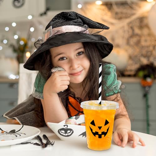 Halloween Face Disposable Plastic Cups with Lids & Straws - 12 oz Party Favors