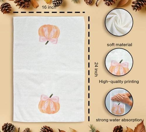 Pink Bowknot Fall Kitchen Hand Towels - Pumpkin Autumn Dishcloths - 16x24in - Pink-1