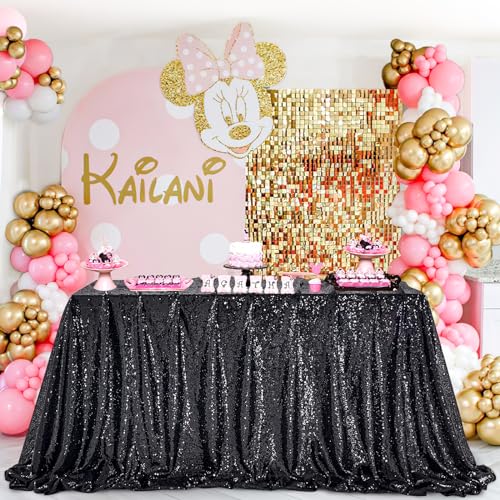 Black Sequin Tablecloth 60x102 Inches - Glitter Fabric for Party Events - QueenDream