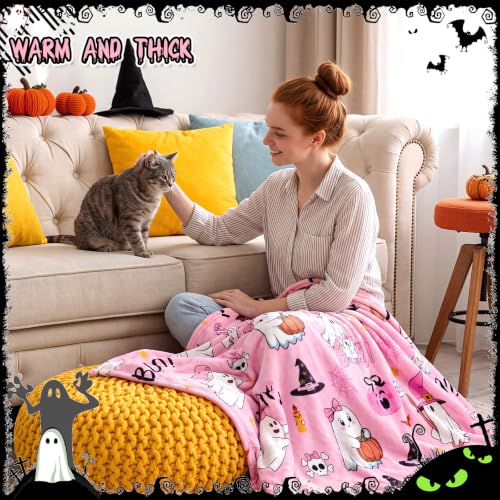 Halloween Ghost Throw Blanket Set - Black and Pink Boo Ghost Flannel 50x60 Inches, Cozy Halloween Decor for Couch and Bed - 2 Pack