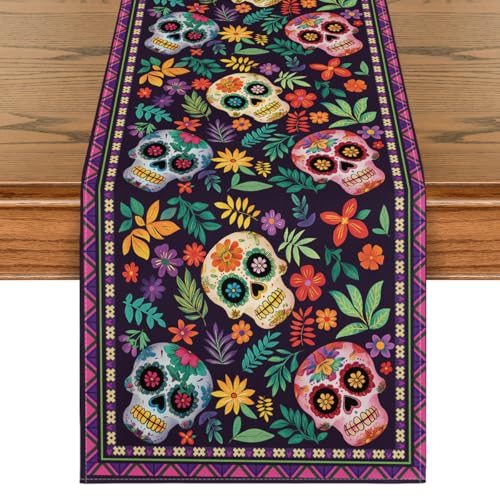 Mexican Sugar Skull Dia De Los Muertos Table Runner 13x72 Inch - Multi Color Home Decor