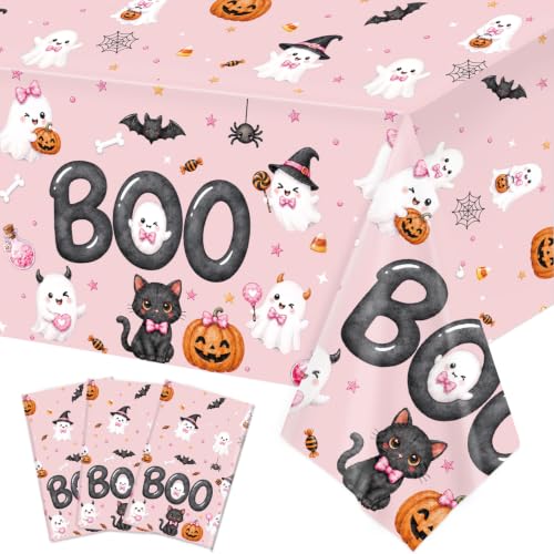 Halloween Pink Tablecloth Set - 3 Pack Spooky Ghost Pumpkin Black Cat Decorations