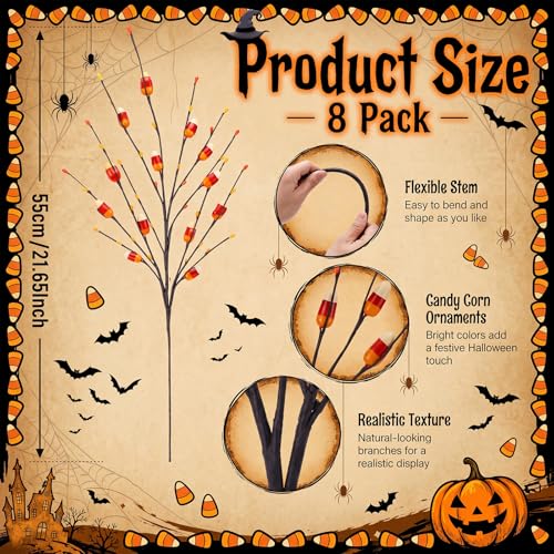 Halloween Candy Corn Artificial Stems - 8 Count, 20 Inch Fall Decor with Fake Candies - Spooky Autumn Vases Arrangement