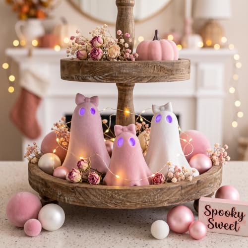 Pink Flocked Halloween Ghost Figurines Set with LED Timer - Cute Decor