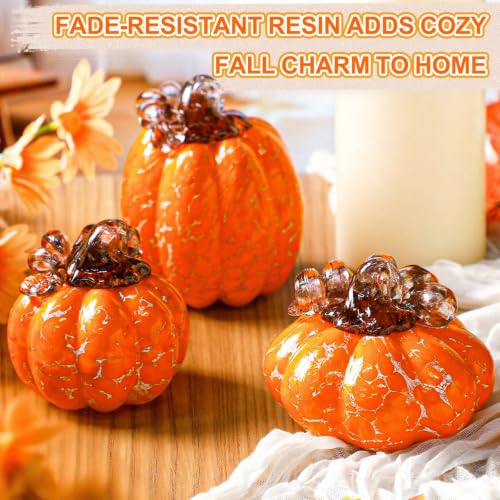 Orange Hand Blown Glass Pumpkin Figurines Set - Fall Harvest Decor, 3 Sizes