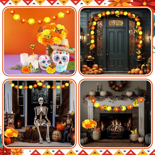 6 Pack Day of The Dead Marigold Garland with LED String Lights and Butterflies - Mexican Dia De Los Muertos Decor