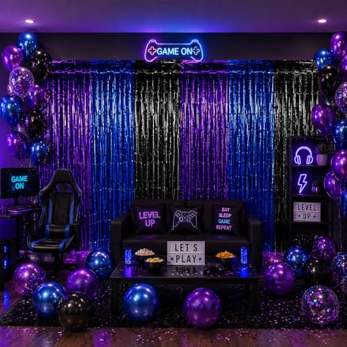 Gaming Foil Fringe Curtains Set - Blue Purple Black 13.2x6.6 ft 4 Pack