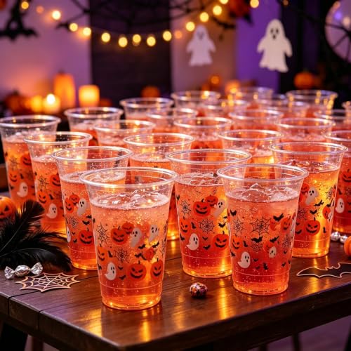 16 oz Halloween Plastic Cups with Pumpkin Ghost Bat Spider Web Design - Disposable Party Drinkware