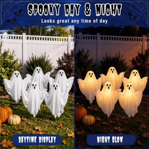 Set of 5 Halloween Lighted Ghost Stakes - Spooky Outdoor Yard Decorations with Remote Control & Timer - 17.7 Inch Glowing Ghost Pathway Lights