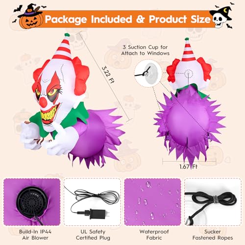 3.9 Ft Halloween Inflatable Clown with LED Lights for Window & Outdoor Decor