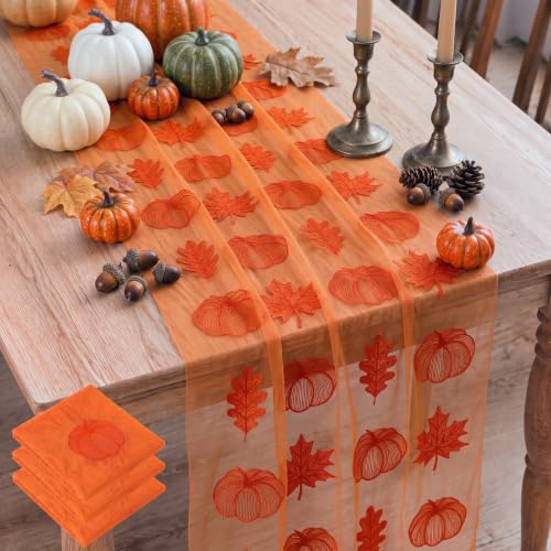 Pumpkin Embroidered Fall Table Runner Set - 3 Pieces, 10 ft Mesh Decor