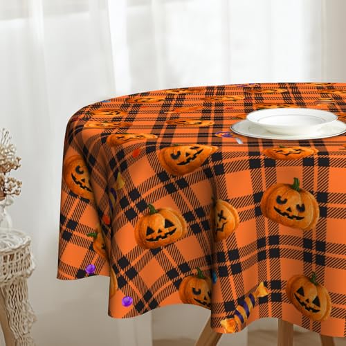 Halloween Pumpkin Lollipop Circular Tablecloth - 60 Inch Orange Buffalo Plaid Fall Decor