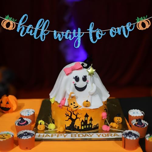 Blue Glitter Pumpkin Half Birthday Banner for Baby Shower & Fall Celebrations