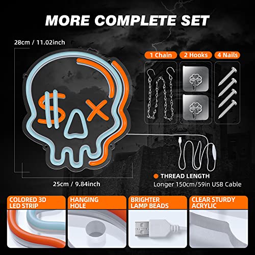 Halloween Neon Sign Skull Wall Decor for Boys Room - Dimmable LED Light