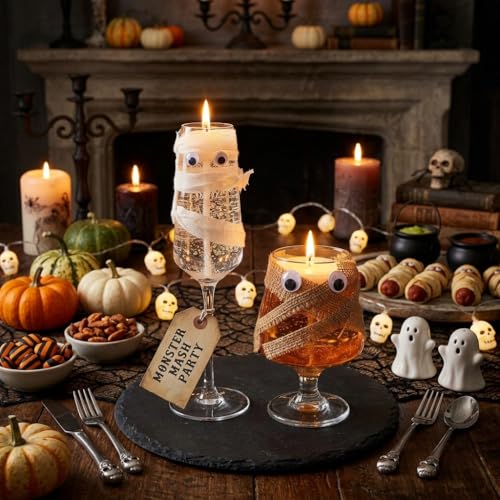Halloween Mummy Candle Holders Set - Glass Wine & Goblet Decor for Parties