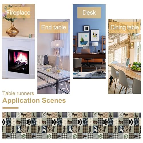 Dachshund Pattern Table Runner - Grey & Blue-Brown Plaid Dog Decor, 13x36in