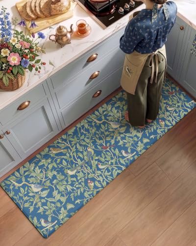 Anti-Fatigue Kitchen Mat 24x87 Inches with Blue Floral Design, 0.4" Thick