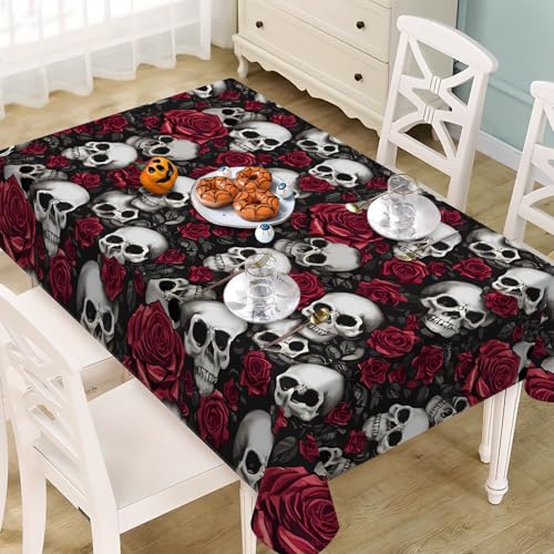 Halloween Gothic Skull Rose Rectangle Tablecloth 60 x 84 Inches - Skull Variation