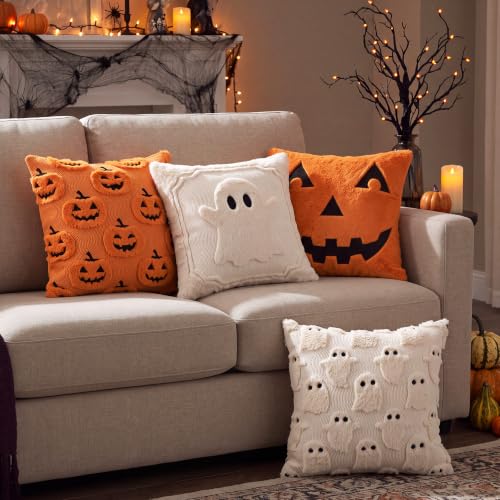 Halloween Ghost Pumpkin Pillow Covers Set 18x18 Inch Faux Fur Decor