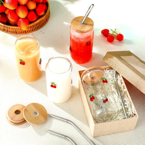 4-Pack Cherry Icon Glass Tumblers with Lid Straw & Brush - 17 oz Drinkware