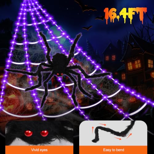 Purple Halloween Spider Web Lights with Remote, 16.4Ft, 8 Modes & Giant Spider