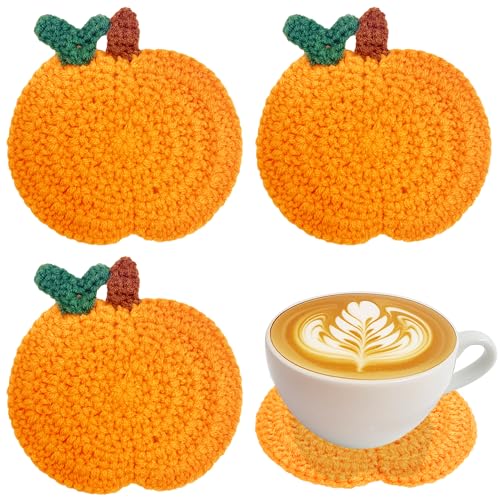 4 Pack Fall Pumpkin Crochet Coasters - Handmade Autumn Drink Mats for Table Decor