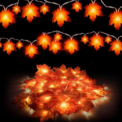 Waterproof Fall Maple Leaf String Lights 20Ft 40 LED Battery Operated Indoor Outdoor Halloween Thanksgiving Decor