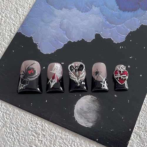 Halloween Luxury Press-On Nails Short Duck Style 1 with Spider Web Bat Charms - Black French Reusable Fake Nails
