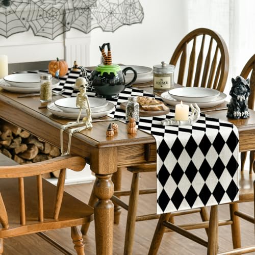 Black Beige Diamond Plaid Table Runner 13x72 Inch Seasonal Halloween Decor