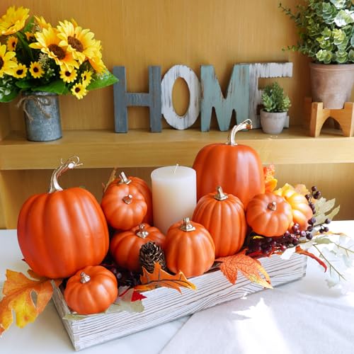 Assorted Dark Orange Artificial Pumpkins Set for Fall Decor - 10 Pcs