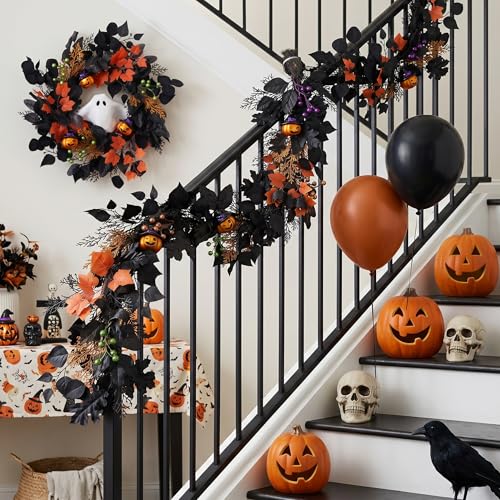 Halloween Garland with Lights and Pumpkins - 6ft Fall Decor for Mantle and Doorway