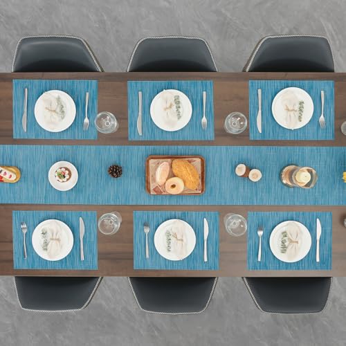 Blue Placemats Set of 8 - 17x12 Inch PVC Table Mats for Dining & Kitchen