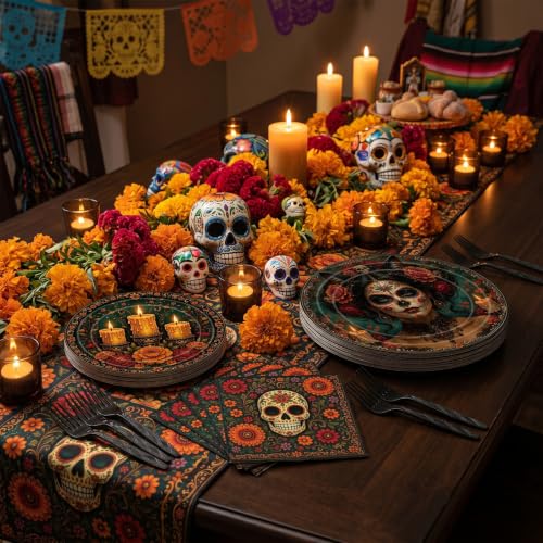 Mexican Fiesta Party Supplies Set for 24 - Skull & Marigold Theme Disposable Dinnerware