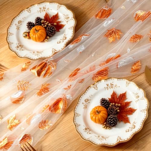 Fall Gauze Table Runner with Glitter Pumpkins & Maple Leaves - 120 Inch, Color 02
