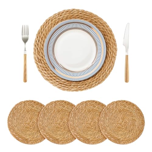 Natural Woven Placemats Set of 4 - 12 Inch Round Boho Rattan Water Hyacinth