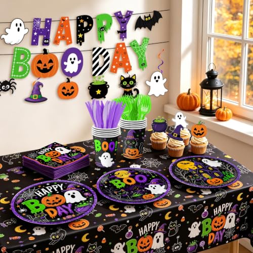 Halloween Party Supplies Set with Plates, Napkins, Cups, Balloons & Decorations for 24 Guests