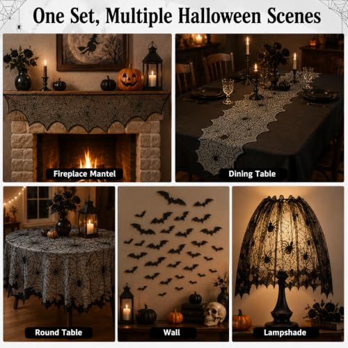 Halloween Tablecloth and Decor Set with Spider Web Lace Runner Bat Wall Stickers