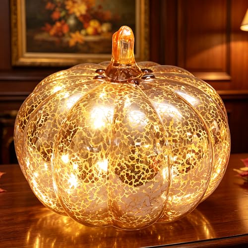 Mercury Glass Pumpkin Light with Timer - Rosegold Fall Halloween Decor with Fairy Lights